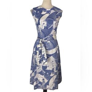 Vintage Tal Saunders Sleeveless Tropical Belted Midi Sheath Dre…